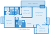 Cottonwood Creek 3 Bedroom Floor Plan image depicting layout. Patio/Balcony, bedroom and bathrooms on the left. Kitchen 2nd bedroom in the middle. Living room, large patio, and 3rd bedroom on the right.