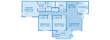 Cantera 3A Floor Plan image depicting layout. Master on left side, bedroom 1, bedroom 2 and bathrooms in the middle, with living room and kitchen on the right.