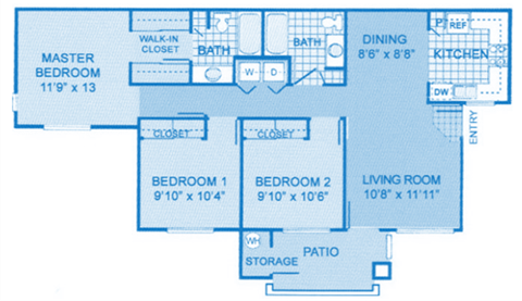 Cantera 3A Floor Plan image depicting layout. Master on left side, bedroom 1, bedroom 2 and bathrooms in the middle, with living room and kitchen on the right.