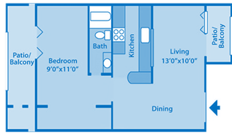 A blueprint of floorplan with bedroom and bathroom.