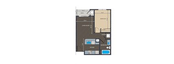 a floor plan of a studio apartment with a bedroom and a living room