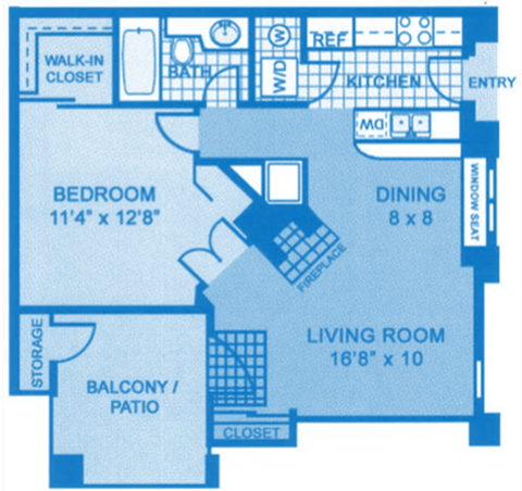 Ridgepointe A1 Floor Plan depicting dimensions of apartment home.