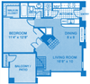 Ridgepointe A1 Floor Plan depicting dimensions of apartment home.