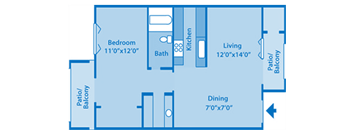 A blueprint of floorplan with bedroom and bathroom.