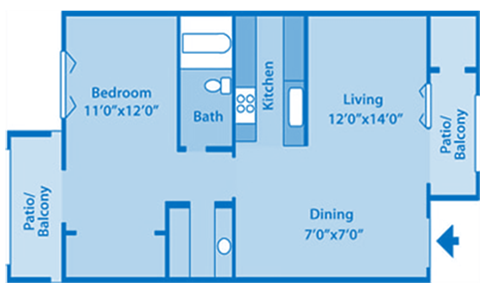 A blueprint of floorplan with bedroom and bathroom.