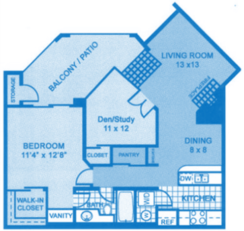 Ridgepointe C1 Floor Plan depicting dimensions of apartment home.
