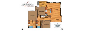 Encantada Canyon Trails floor plan of an apartment home with 3 bedrooms and 2 baths