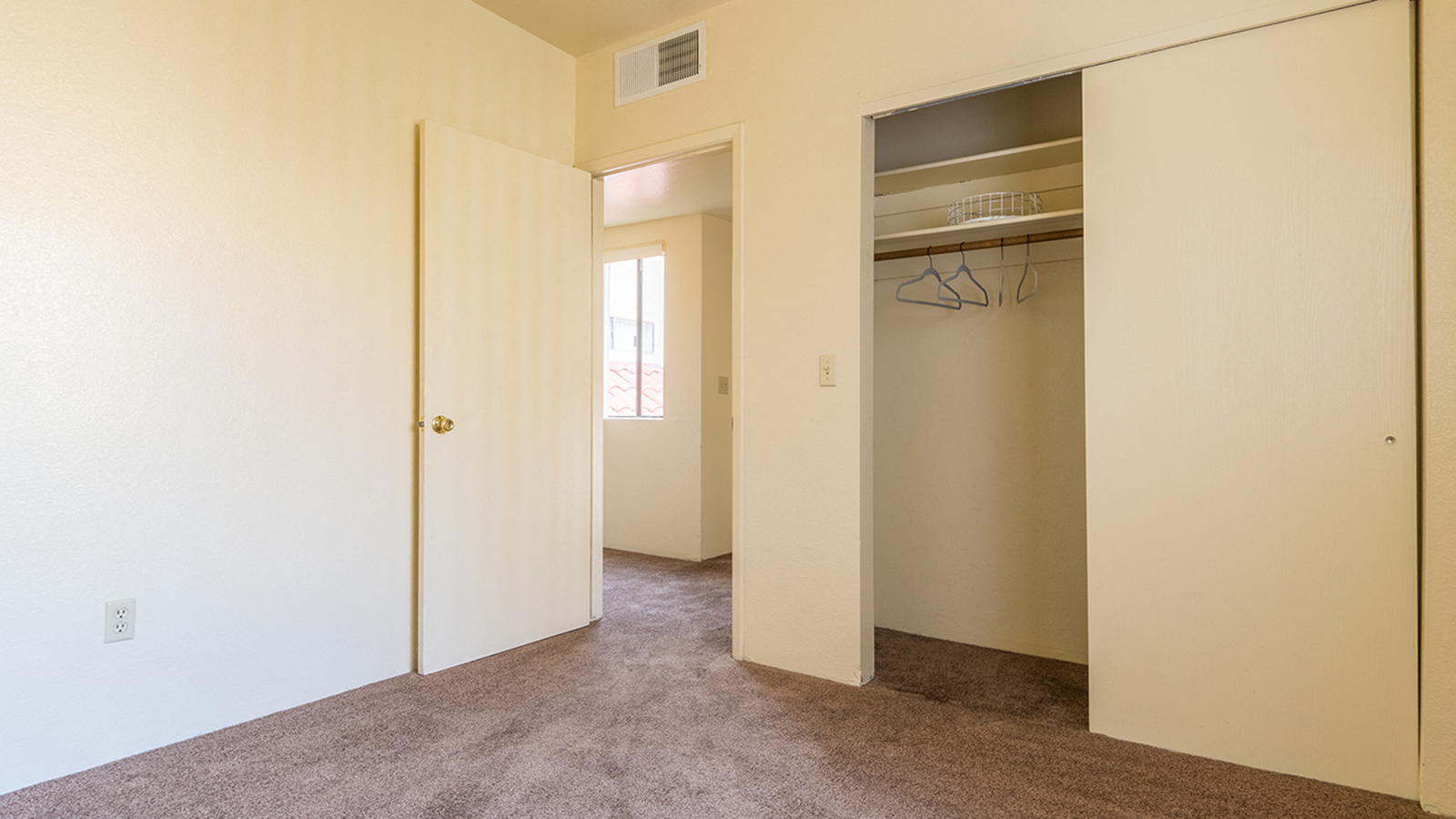 Bedroom with closet and brown carpet