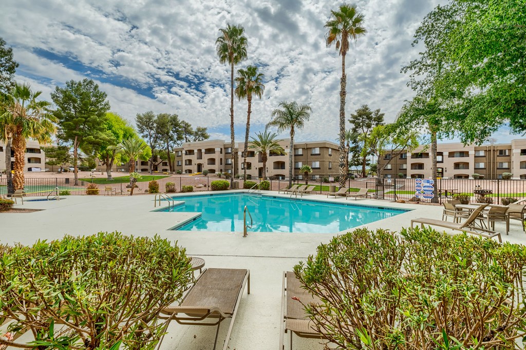 a swimming pool with palm trees and buildings in the background