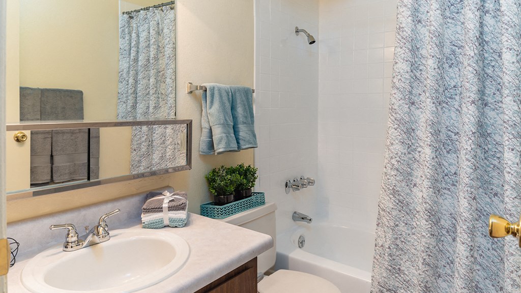 Cottonwood Creek bathroom with brown cabinets and white walls.