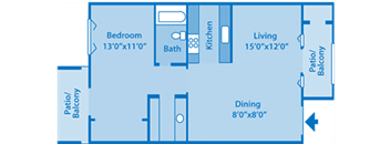 Canyon Oaks Model D floor plan layout. Patio, bedroom and bath on the left. Kitchen, dining and living room on the right.