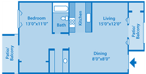 Canyon Oaks Model D floor plan layout. Patio, bedroom and bath on the left. Kitchen, dining and living room on the right.