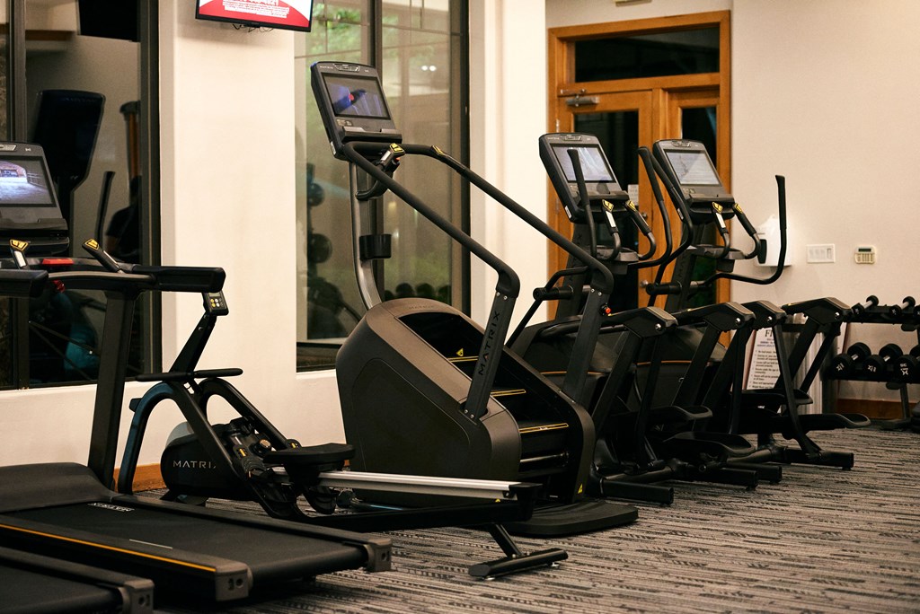 a row of exercise machines in a gym