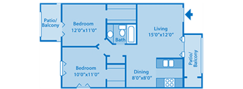 Canyon Oaks Model E floorplan layout. Patio, bedrooms and bath on the left. Kitchen, dining and living room on the right.