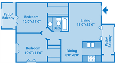 Canyon Oaks Model E floorplan layout. Patio, bedrooms and bath on the left. Kitchen, dining and living room on the right.