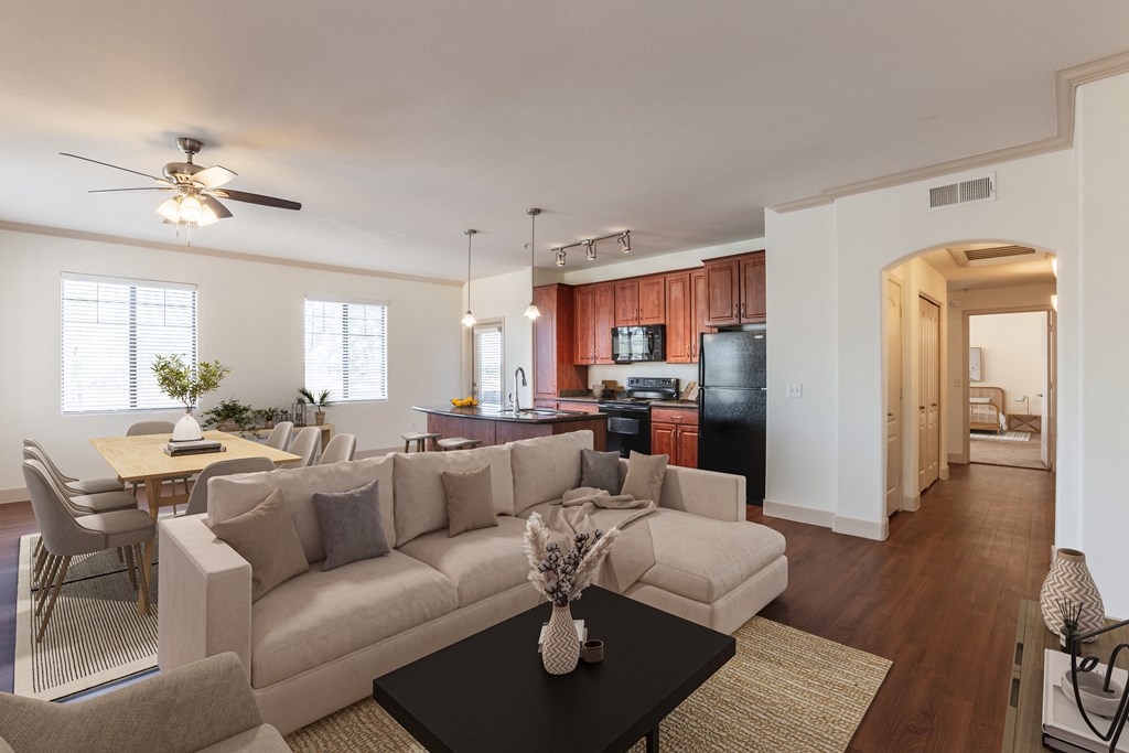a living room with a couch and a table