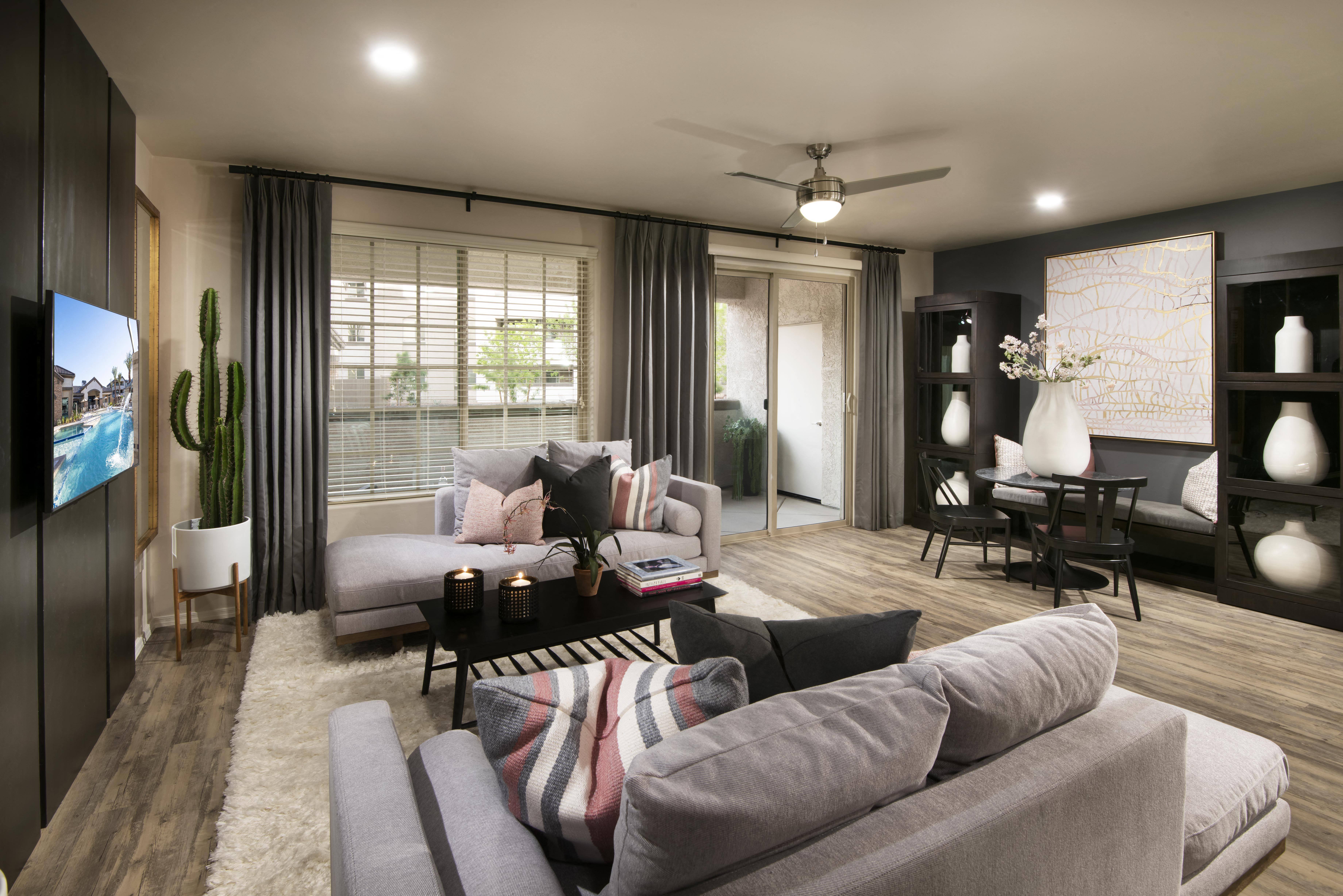 a living room with a couch and a table