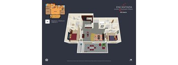 Encantada Rita Ranch 2B Bed floor plan 3D rendering, with  2D image on top left hand corner.