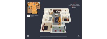 Encantada Rita Ranch 2C Bed floor plan 3D rendering, with  2D image on top left hand corner.