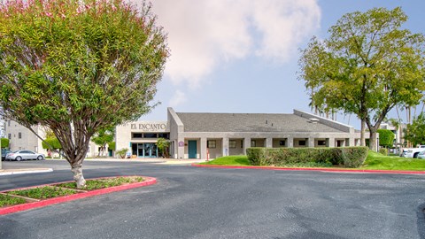 El Encanto outside view of leasing office with tall palm trees surrounding and a well kept path