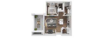 A 3D floor plan of a small apartment with a living room, kitchen, and bathroom.