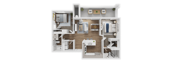 A detailed 3D floor plan of a small apartment layout.