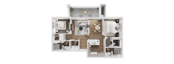 A top-down view of a house layout with a kitchen, living room, dining area, and bedrooms.