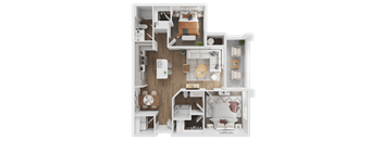 A detailed 3D floor plan of a house layout.