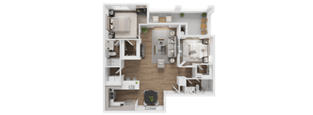 A detailed 3D floor plan of a modern apartment layout.