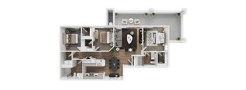 A 3D floor plan of a house with labeled rooms.