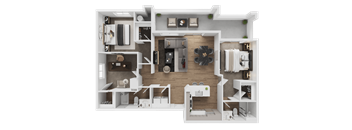 A 3D floor plan of a house showing a kitchen, living room, and bathroom.
