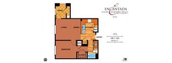 Encantada Peoria A1Q floor plan of a 1 bedroom floor plan with a bathroom and a living room