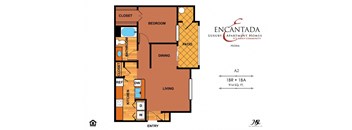 Encantada Peoria A2 floor plan of a 1 bedroom floor plan with a bathroom, dining room and a living room