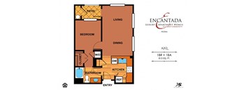 Encantada Peoria A2Q floor plan of a 1 bedroom apartment with a bathroom, dining room and a living room