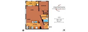 Encantada Peoria A4Q floor plan of a single bedroom apartment with a bathroom and a living room
