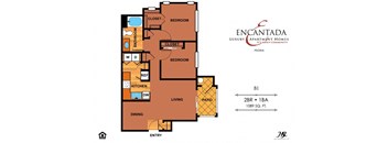 Encantada Peoria B1 floor plan of a 2 bedroom unit with a single bathroom and a living room