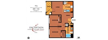 Encantada Peoria floor plan of B1Q unit with 2 bedrooms and a single bathroom and a living room