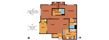 Encantada Peoria B2 floor plan of an apartment with 2 bedrooms, 2 bathrooms  and a living room