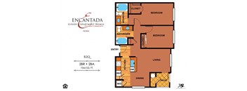 Encantada Peoria B2Q floor plan of a 2 bedroom, 2 bathroom unit with a living room