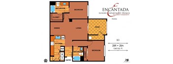 Encantada Peoria B3 floor plan of a 2 bedroom apartment with 2 bathrooms