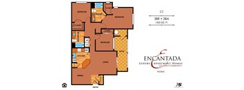 Encantada Peoria C1 floor plan of a 2 bedroom 2 bathroom unit