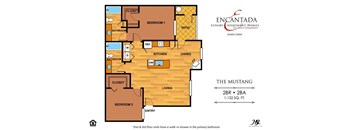 Mustang floor plan with a bedroom, bathroom and living room at the Encantada Queen Creek apartments picture of a floor plan of a house