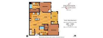 The Palomino floor plan at the Encantada Queen Creek apartments with 2 bedrooms and 1 bathroom