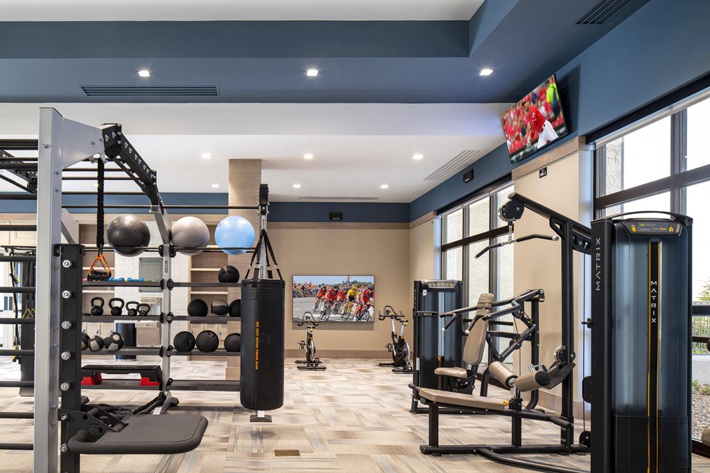 a gym with weights machines and a flat screen tv on the wall