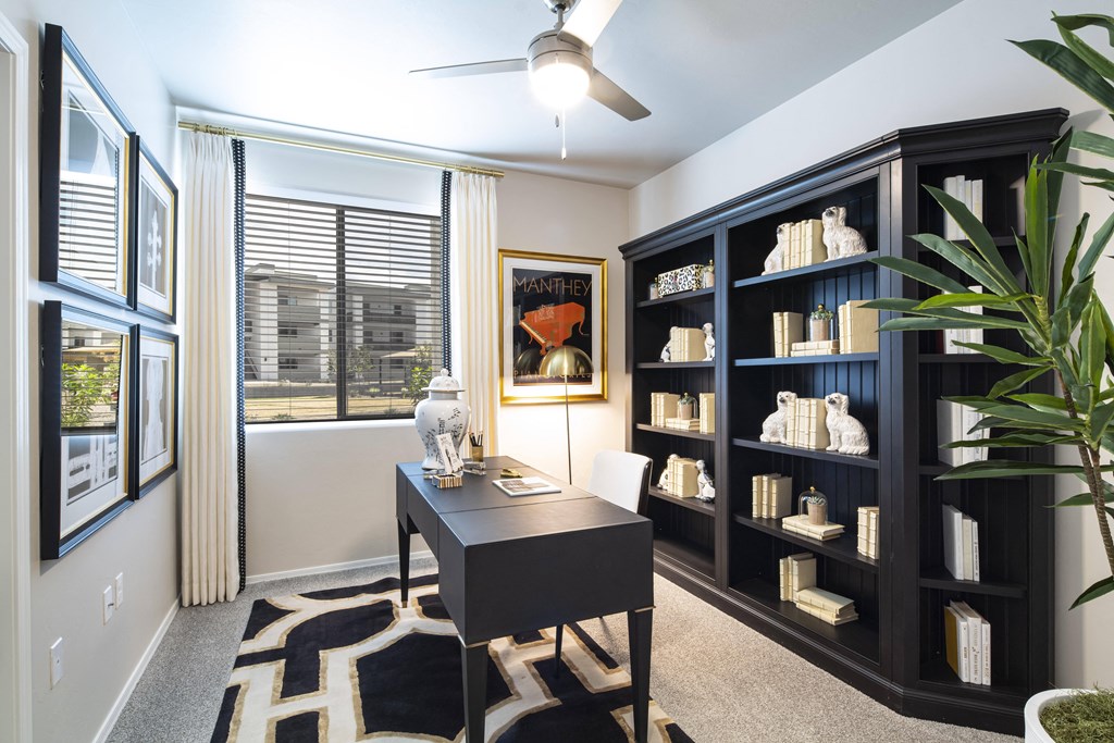 home office with desk and bookshelf