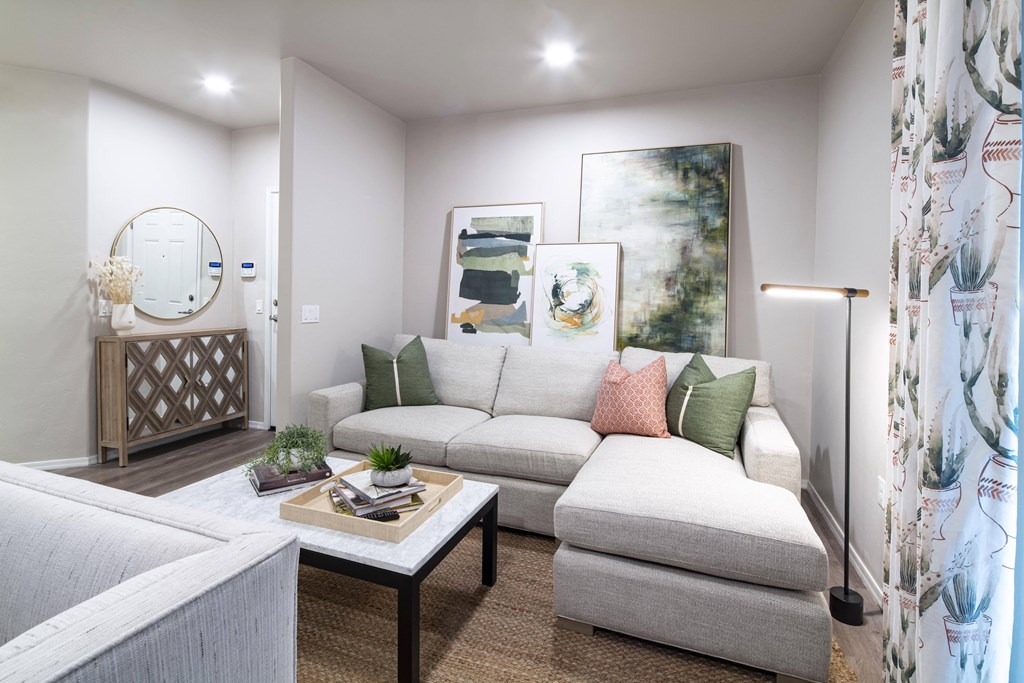 a living room with a couch and a coffee table