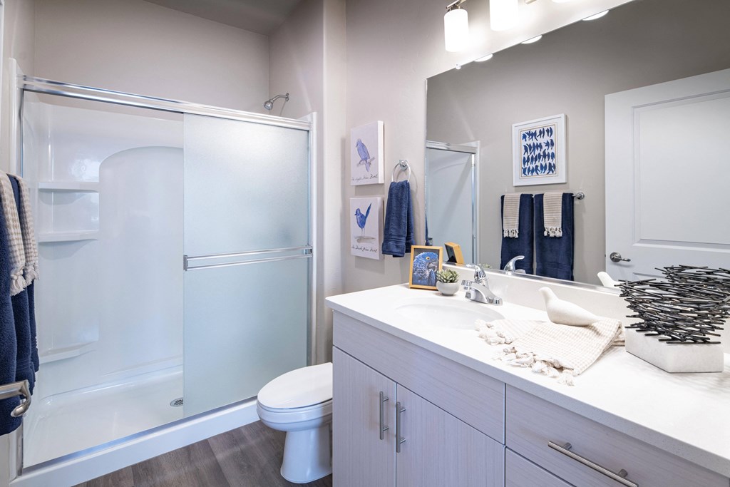 a bathroom with a shower and a sink and a toilet