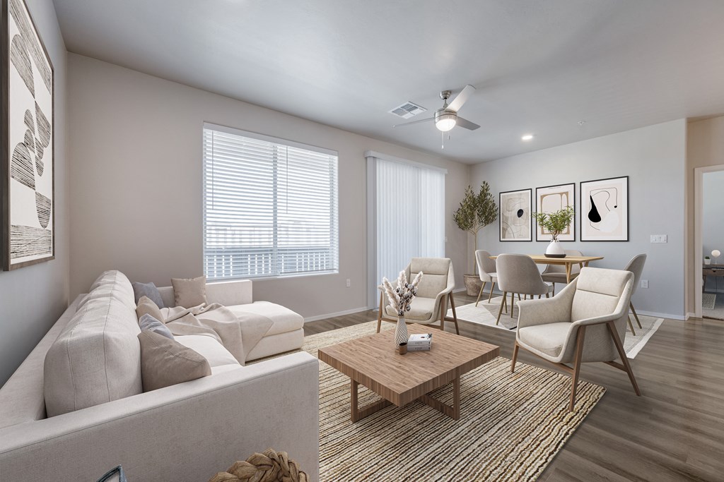 a living room with gray walls and a white ceiling