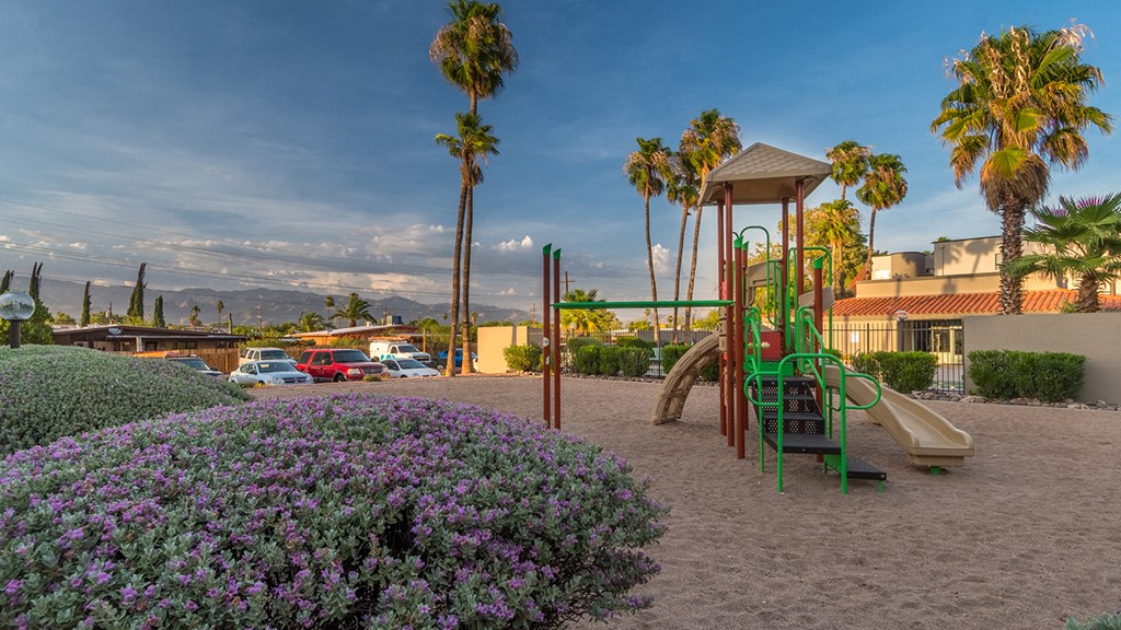 Lavender bush with playground in sand, blue cloudy sky