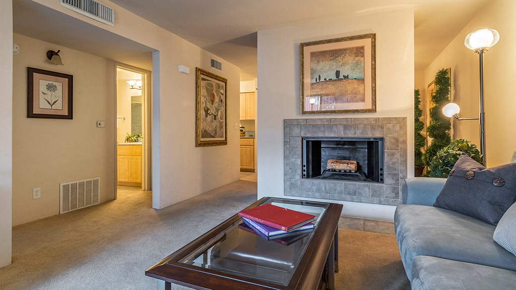 El Dorado Place living room with fireplace.